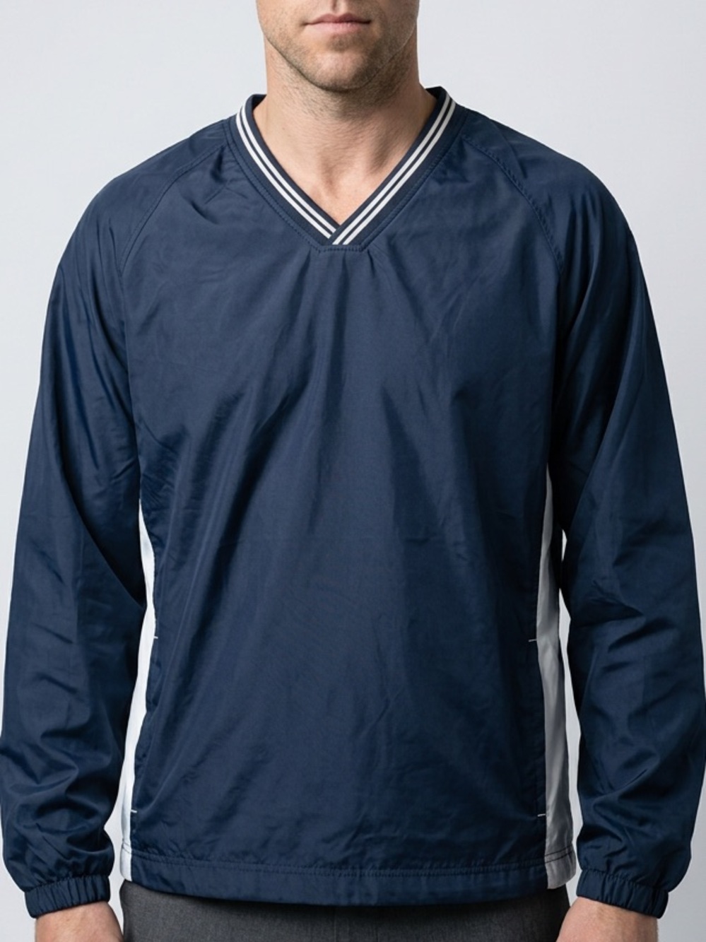 Sport-Tek Mens XL Navy Blue White Stripe V-Neck Windshirt Jacket Pullover